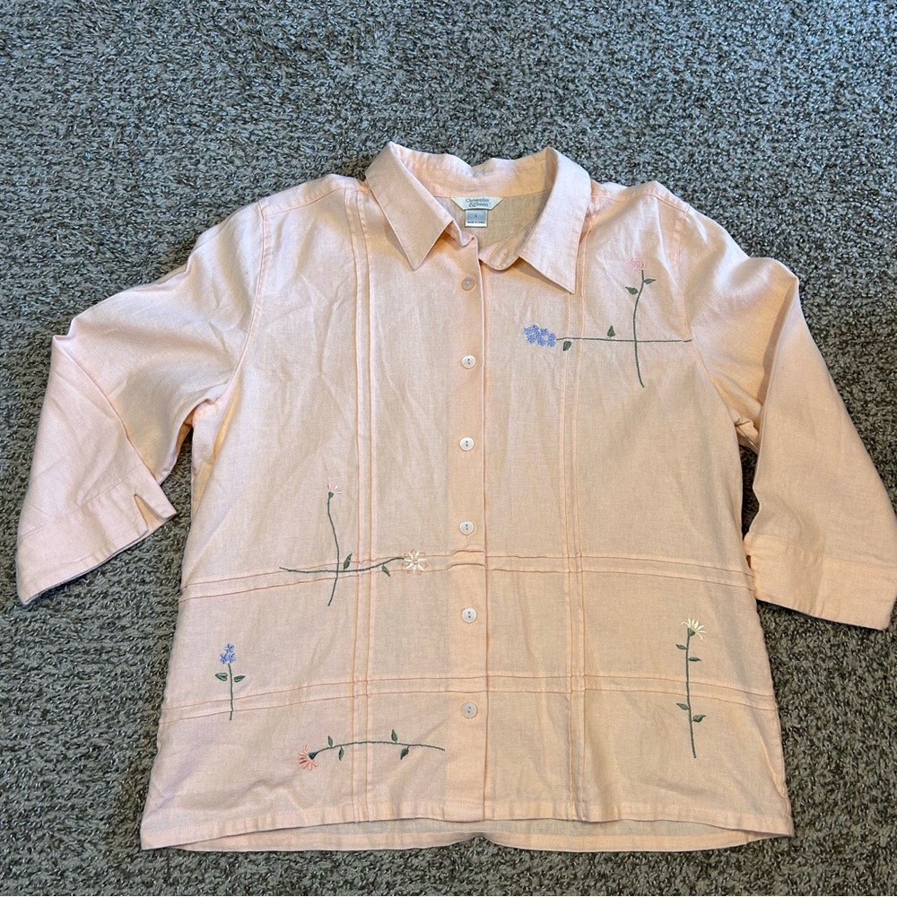 Christopher & Banks Size Large With Embroidered Flowers, Peach Button Up Shirt